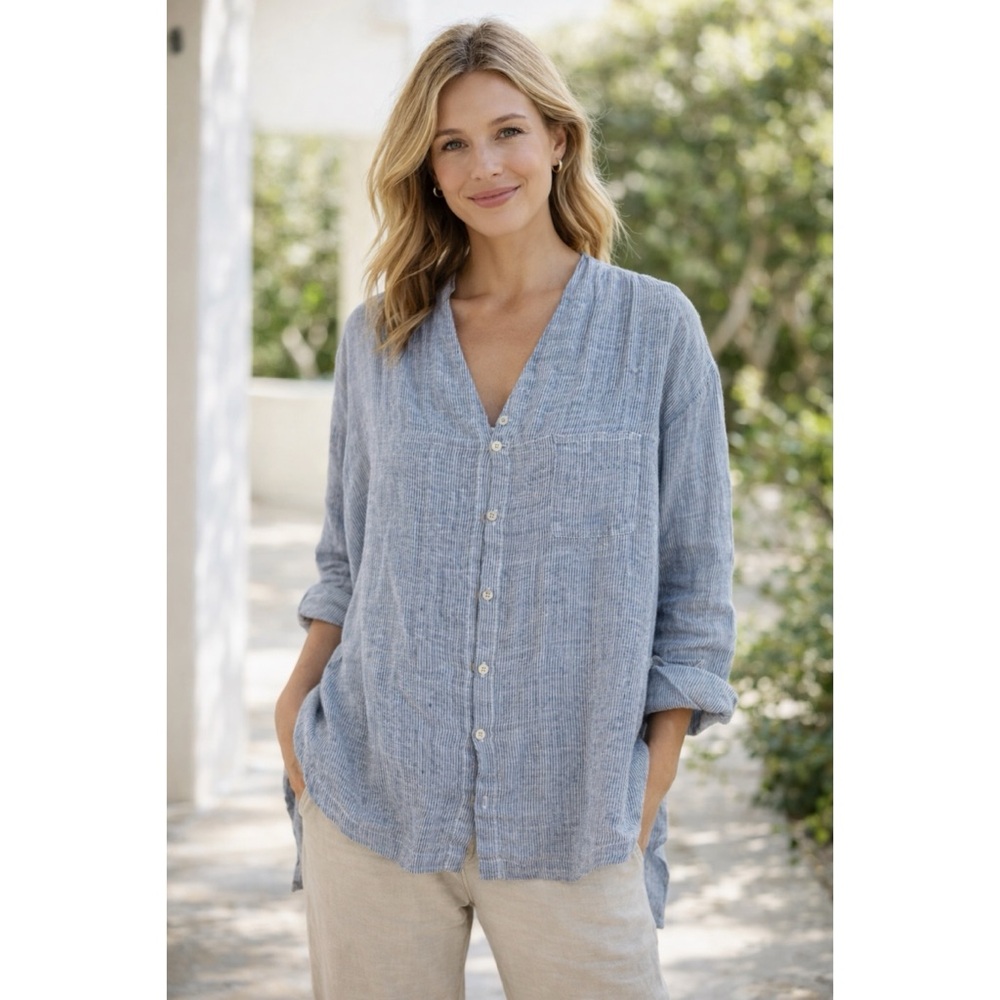 CP Shades Blue Striped 100% Linen Tunic Button Down Shirt Oversized Relaxed Med